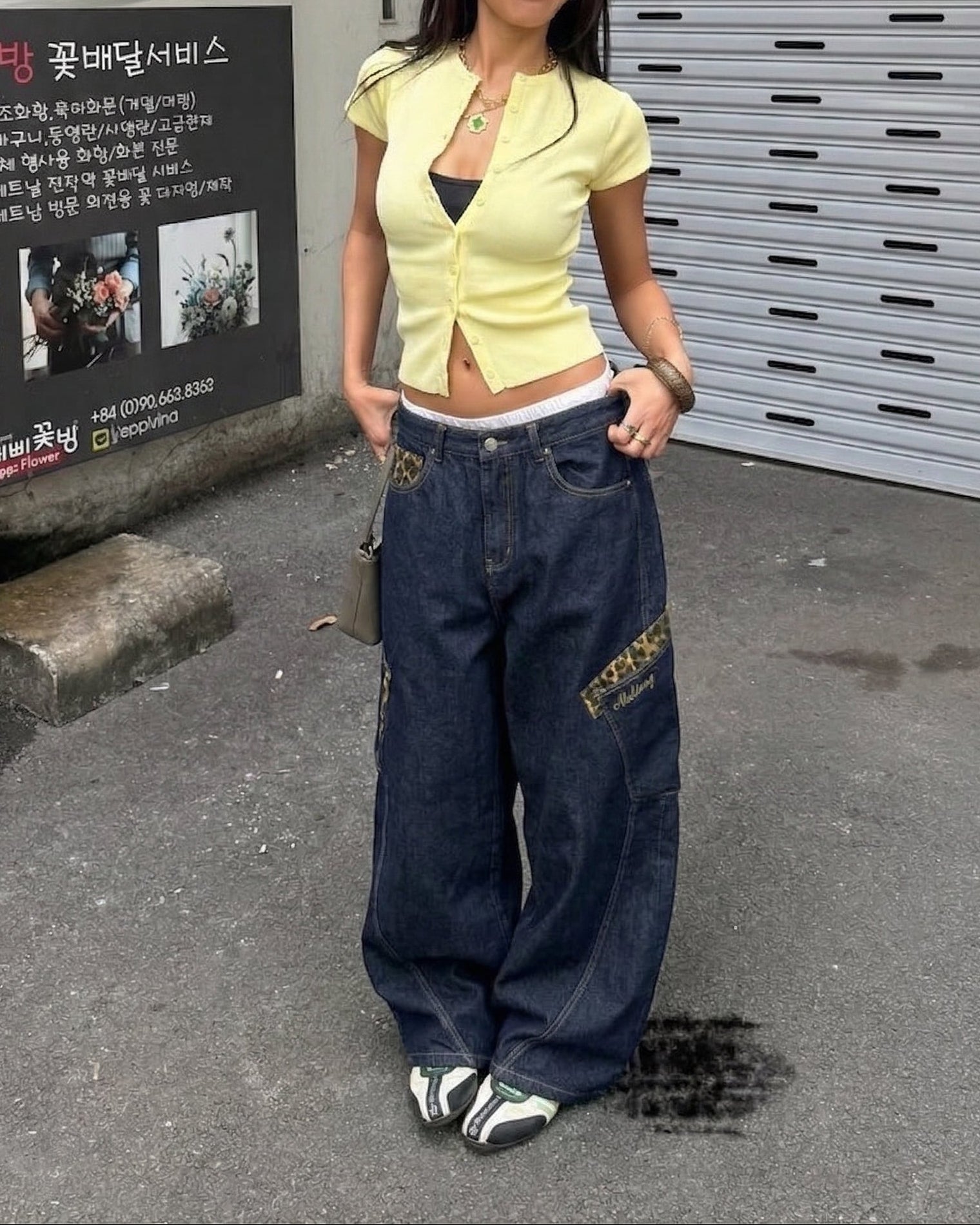 アメリカンレトロレオパード柄ポケットワイドレッグデニム