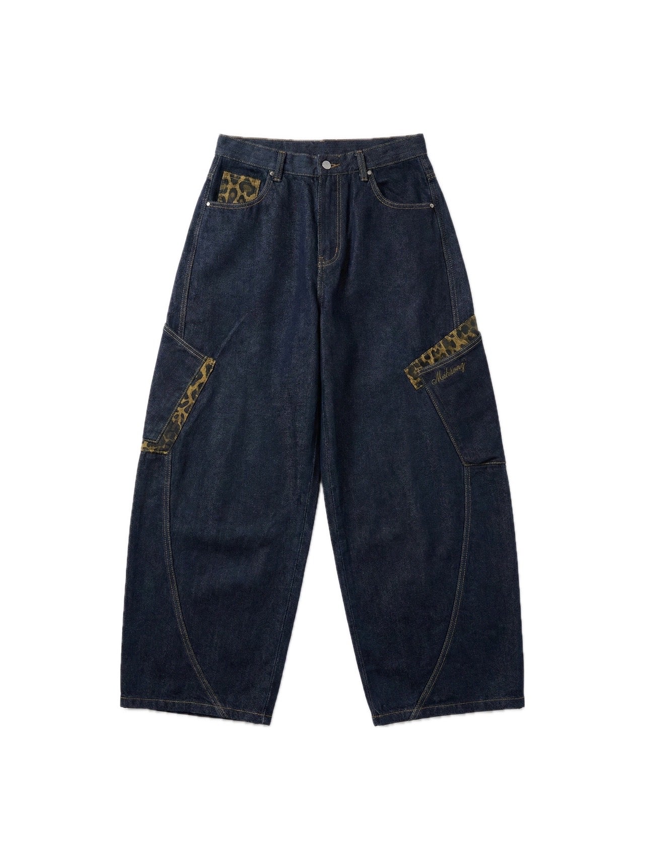 アメリカンレトロレオパード柄ポケットワイドレッグデニム