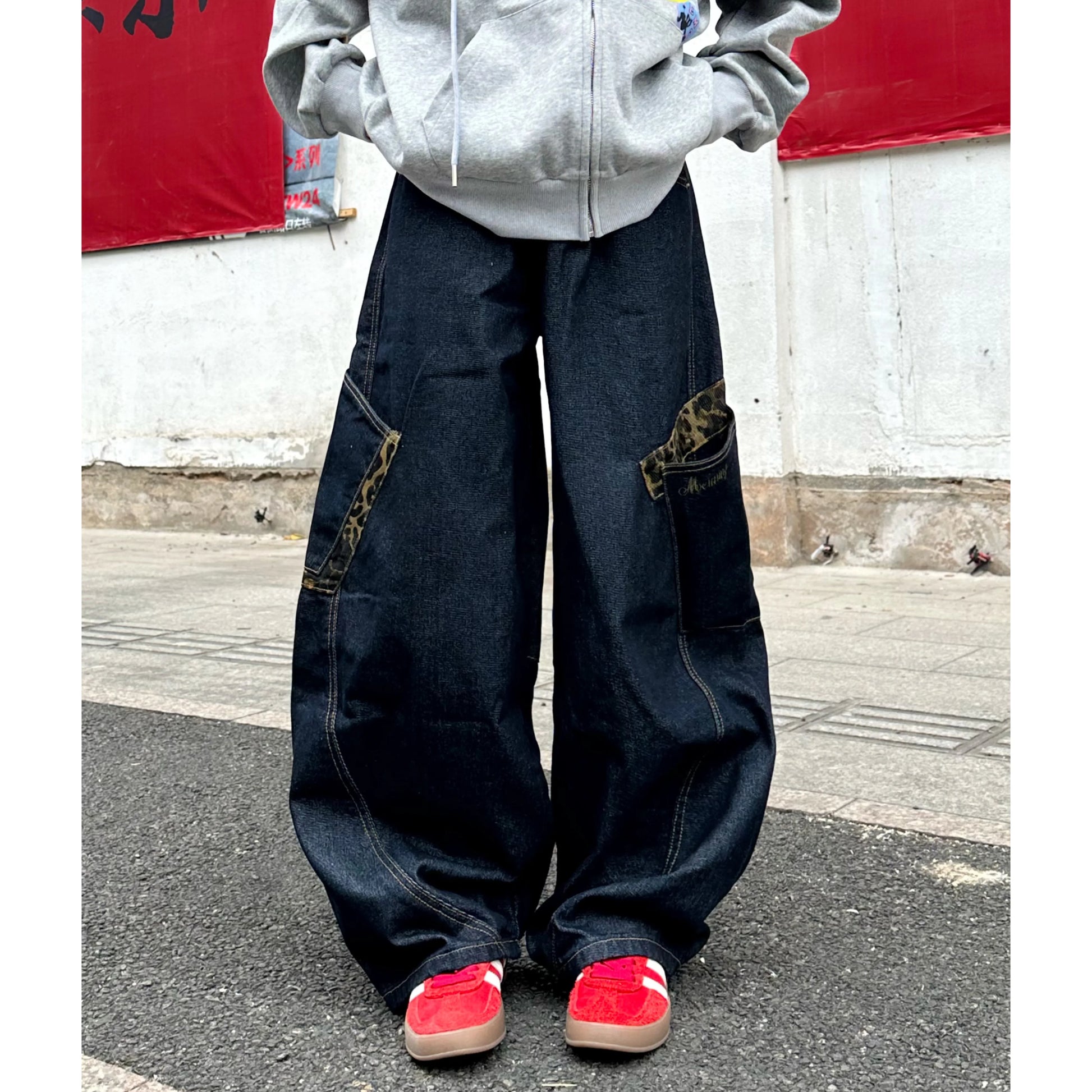 アメリカンレトロレオパード柄ポケットワイドレッグデニム