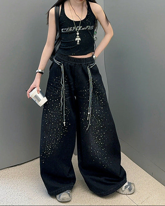 ストーン付きブラックワイドデニム