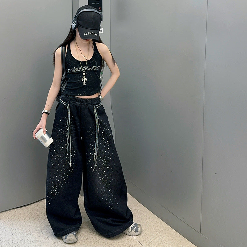 ストーン付きブラックワイドデニム