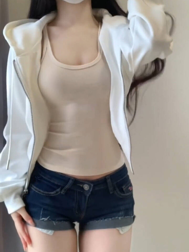 ダブルジップホワイトスリムパーカー