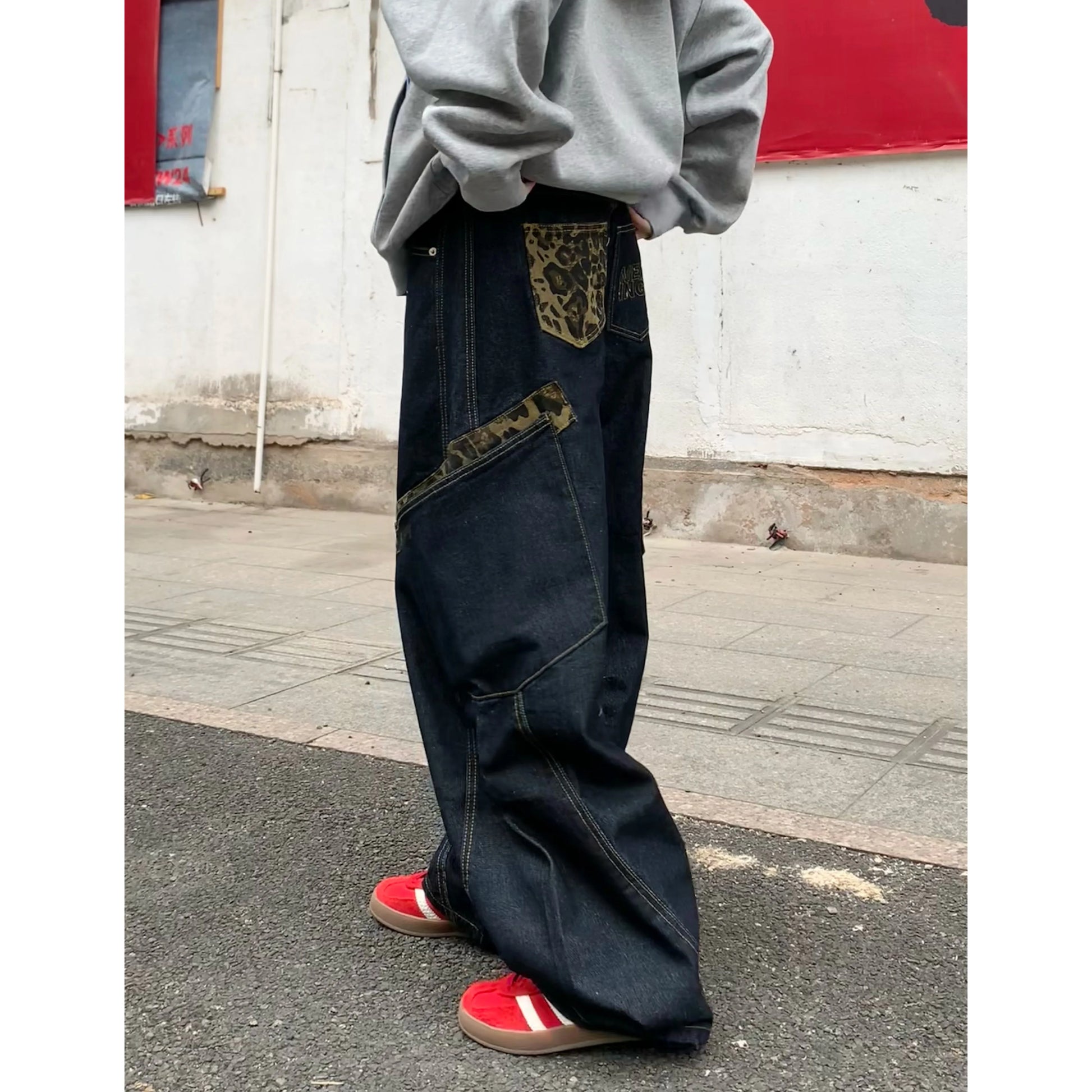 アメリカンレトロレオパード柄ポケットワイドレッグデニム