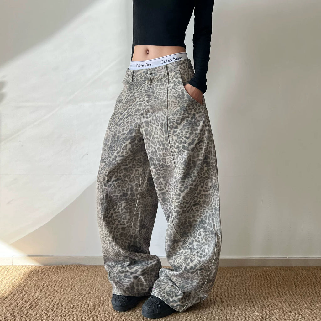 アメリカンレトロレオパードワイドレッグデニム