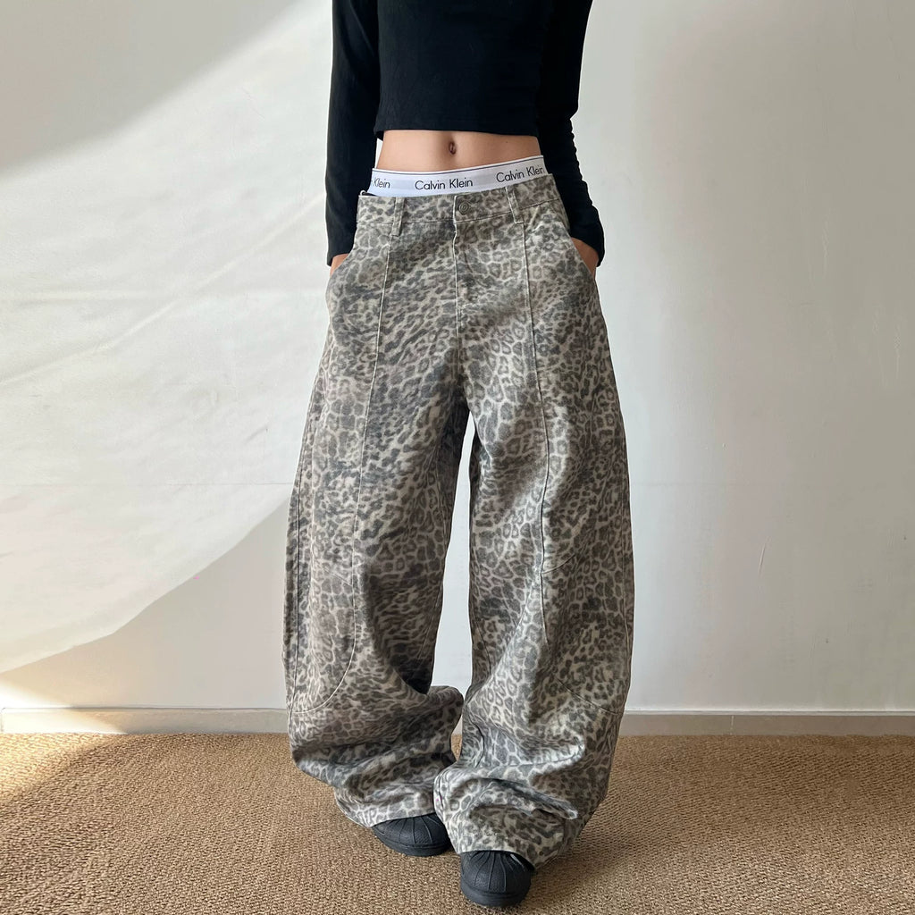 アメリカンレトロレオパードワイドレッグデニム