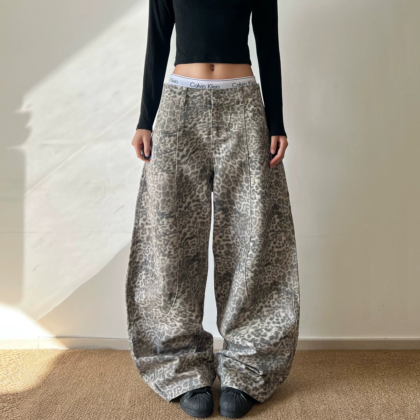 アメリカンレトロレオパードワイドレッグデニム